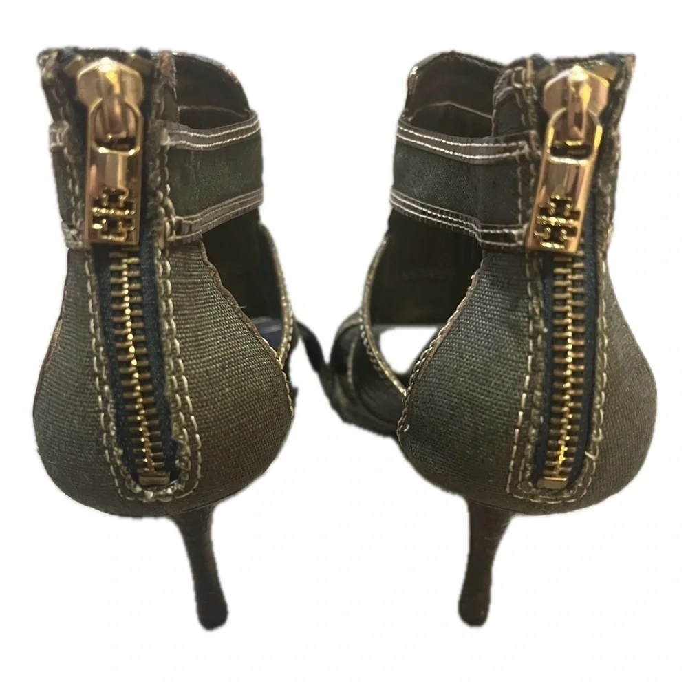 Tory Burch Geoff Olive Green & Gold Caged Heel Sandals 9.5M, Used